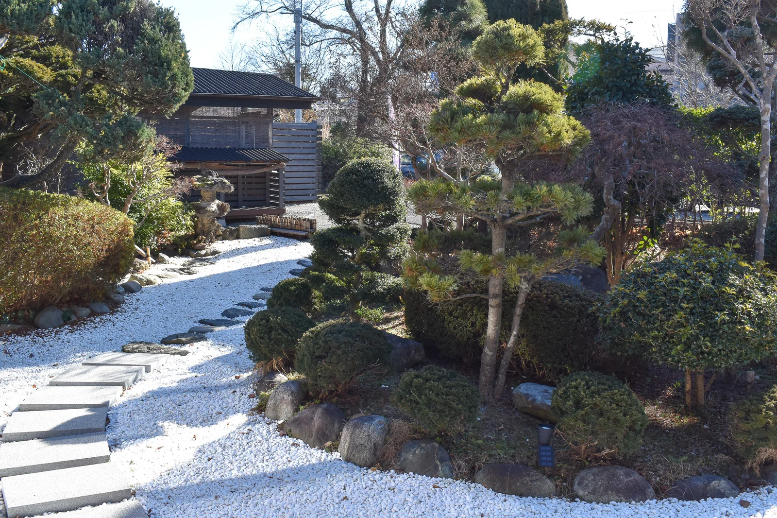 白砂と松が広がる食事処奏の日本庭園